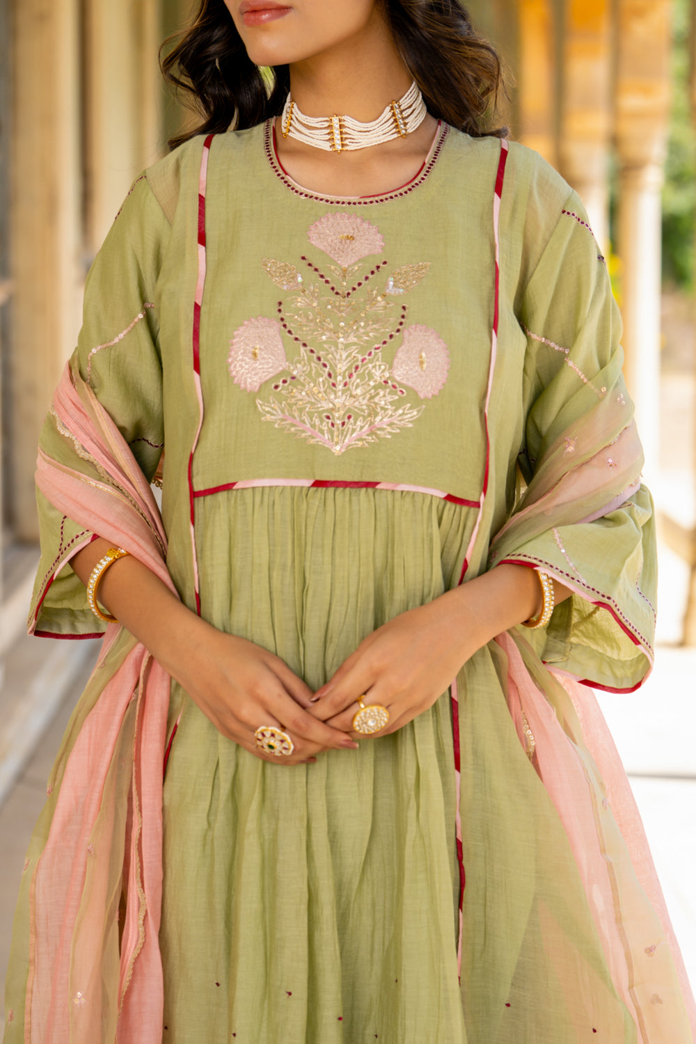 Mint Poppy Motif A-line Kurta Set