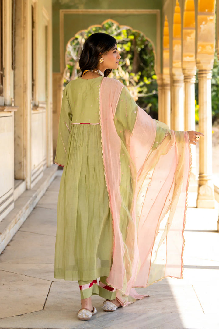 Mint Poppy Motif A-line Kurta Set