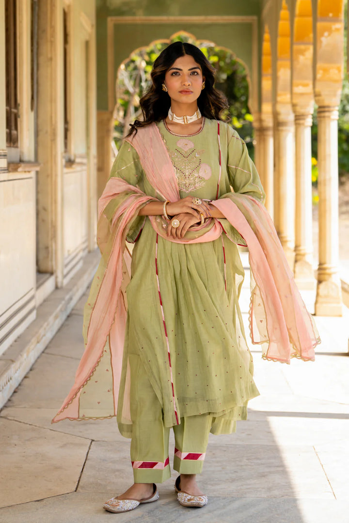 Mint Poppy Motif A-line Kurta Set
