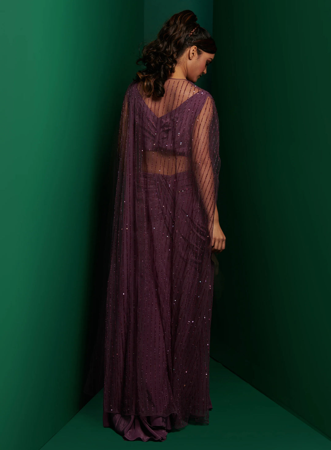 Midnight Purple Pleated Corset Top With Drape Skirt and Embellished Cape