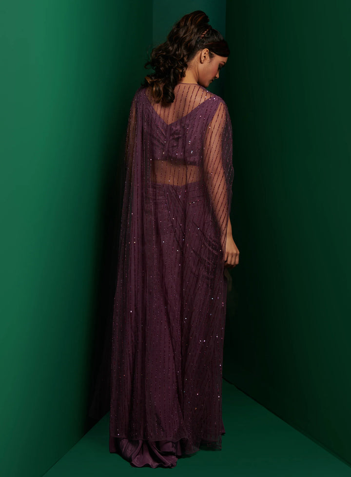 Midnight Purple Pleated Corset Top With Drape Skirt and Embellished Cape