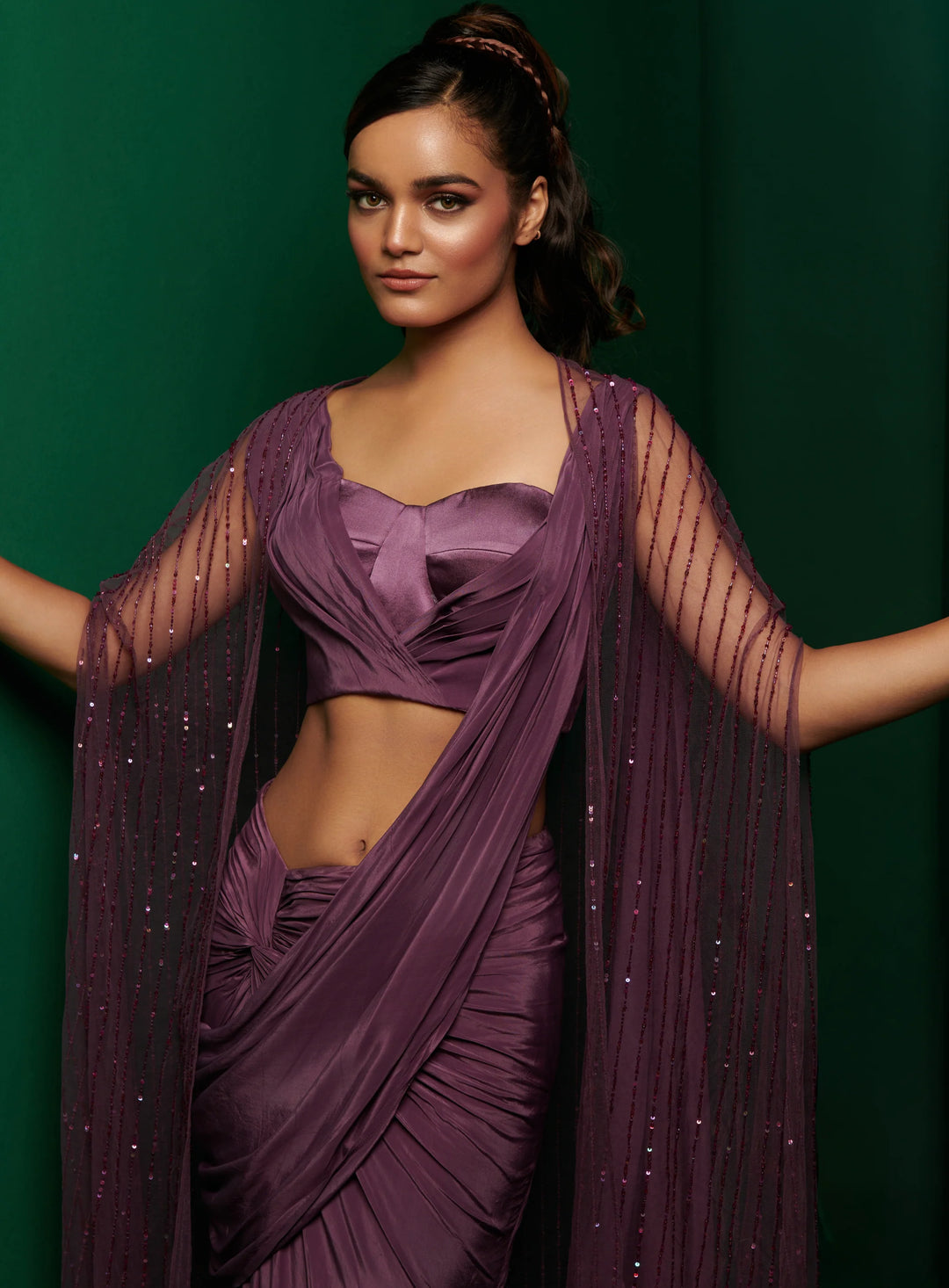 Midnight Purple Pleated Corset Top With Drape Skirt and Embellished Cape