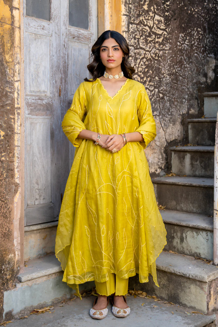Mustard Sequins A-line Kurta Set