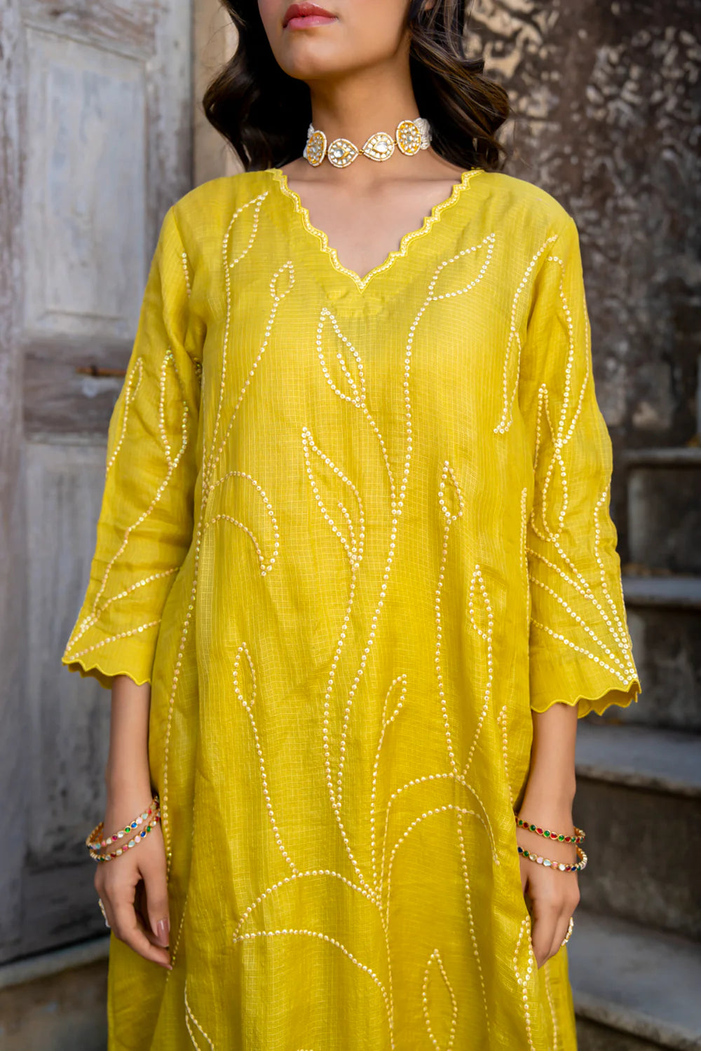 Mustard Sequins A-line Kurta Set