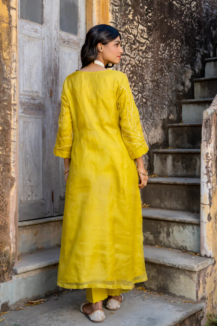 Mustard Sequins A-line Kurta Set