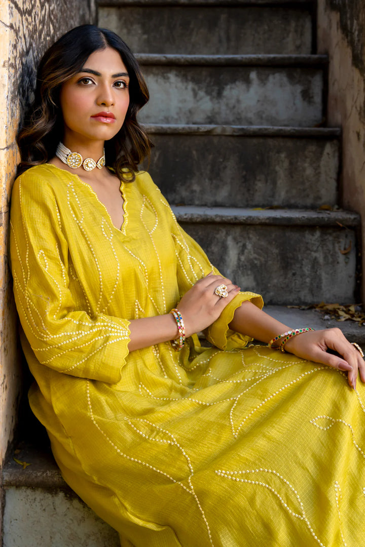 Mustard Sequins A-line Kurta Set