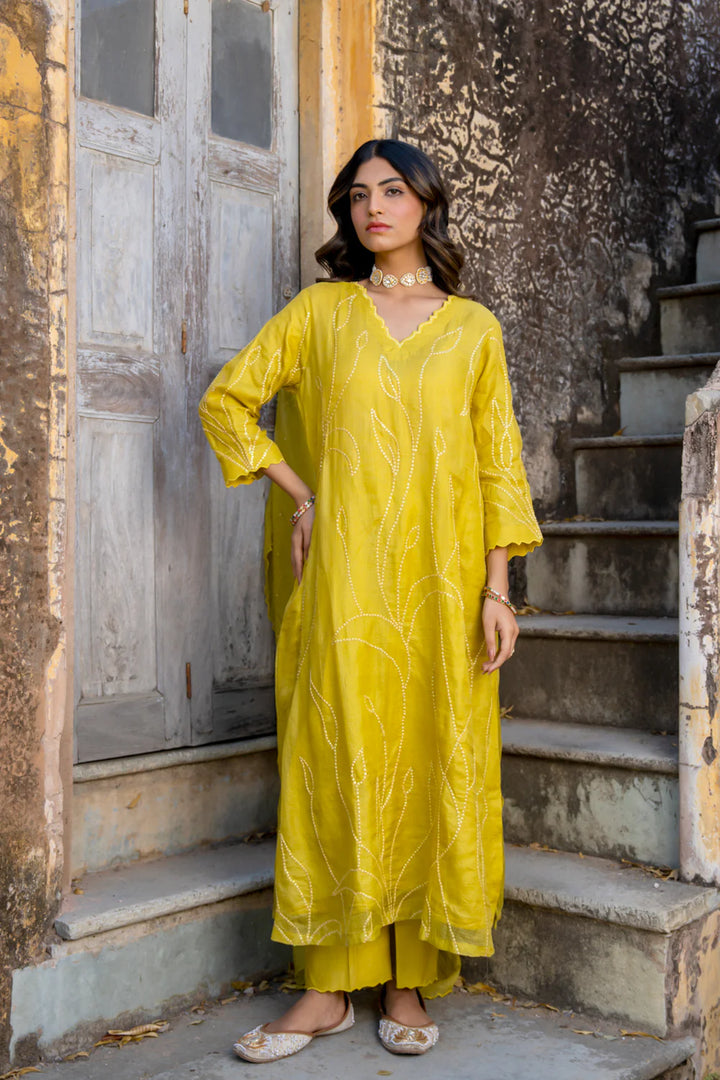 Mustard Sequins A-line Kurta Set
