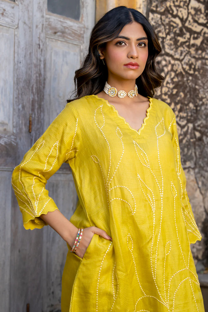 Mustard Sequins A-line Kurta Set