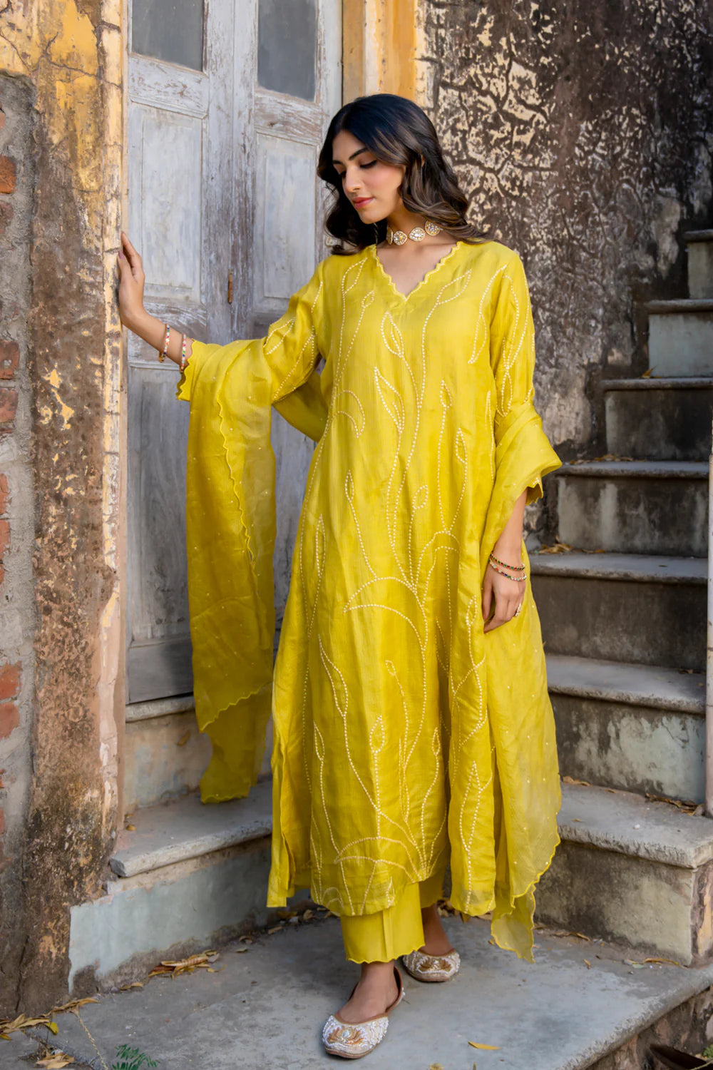 Mustard Sequins A-line Kurta Set