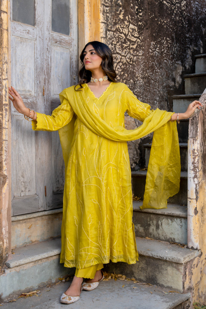 Mustard Sequins A-line Kurta Set