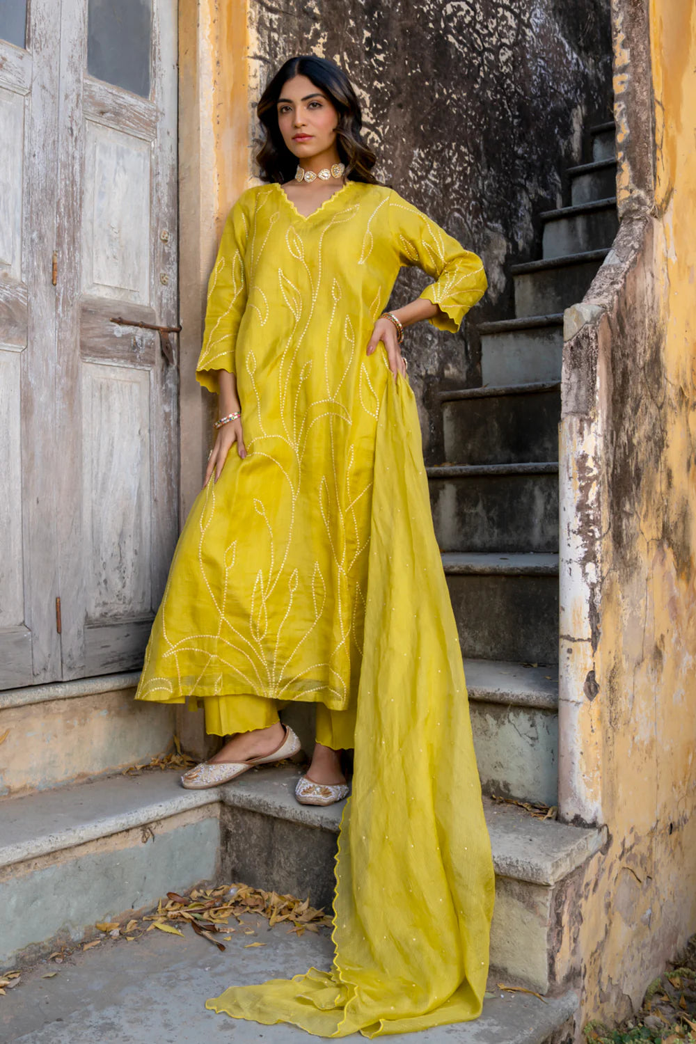 Mustard Sequins A-line Kurta Set