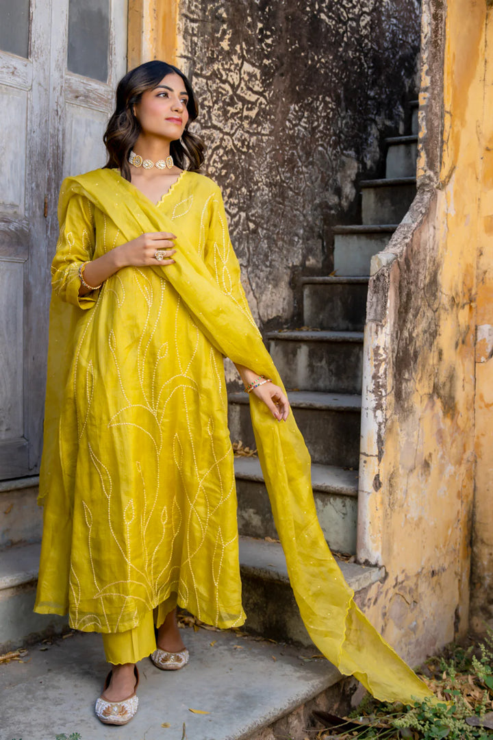 Mustard Sequins A-line Kurta Set
