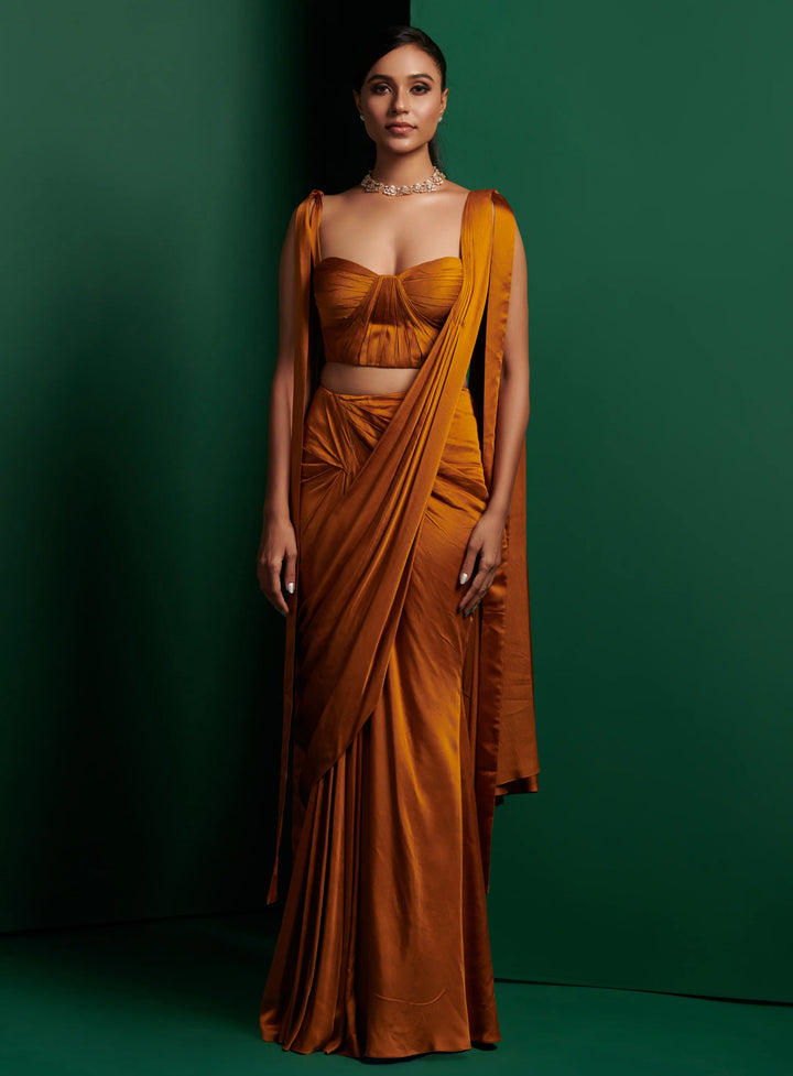 Mustard Yellow Corset with Pleated Drape Saree