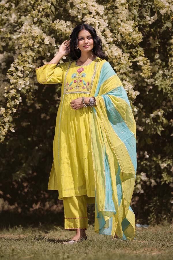 Neon Green Applique Kurta Set