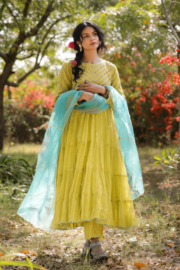 Neon Green Tier Anarkali Set