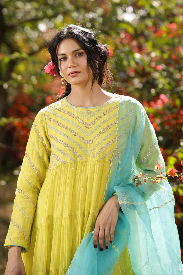 Neon Green Tier Anarkali Set