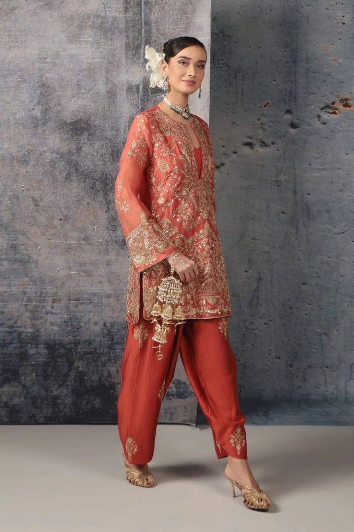 Zar-Rang Orange Jaal Farshi Kurta Set