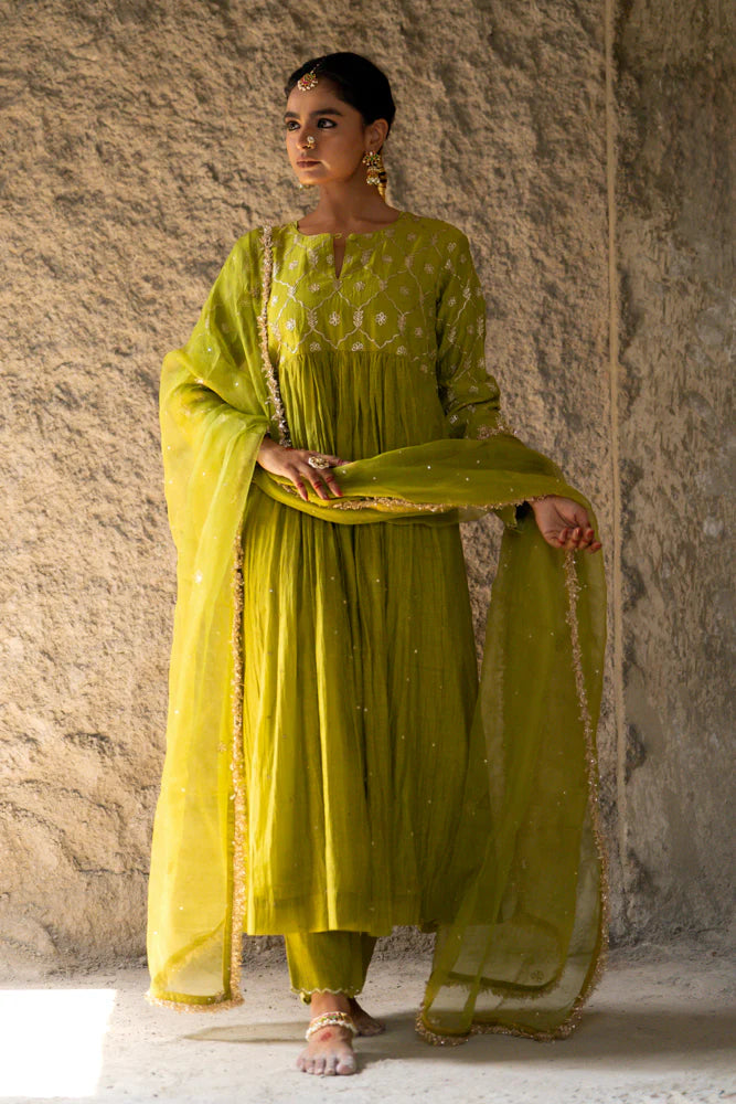 Neev Olive Green Aarkali Suit Set