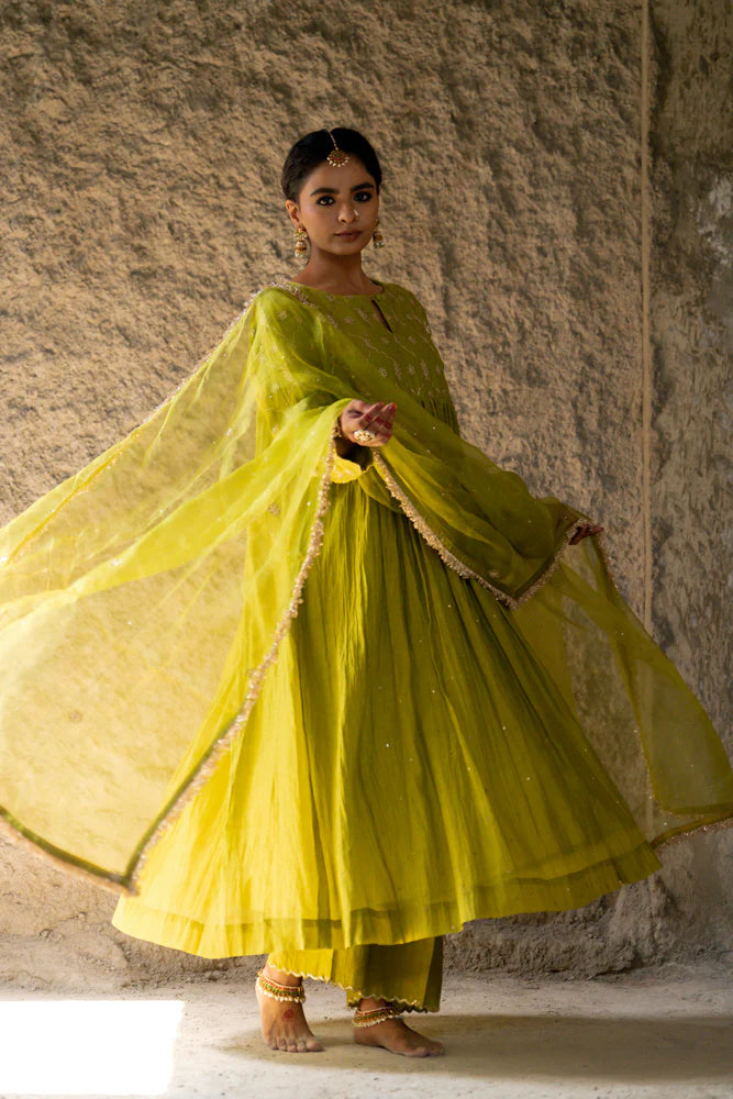 Neev Olive Green Aarkali Suit Set