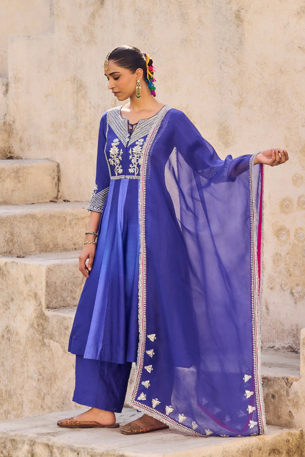 Neela Phool Anarkali Set