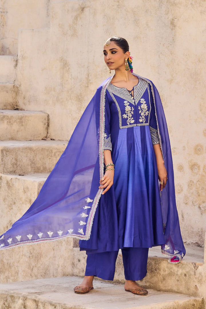 Neela Phool Anarkali Set