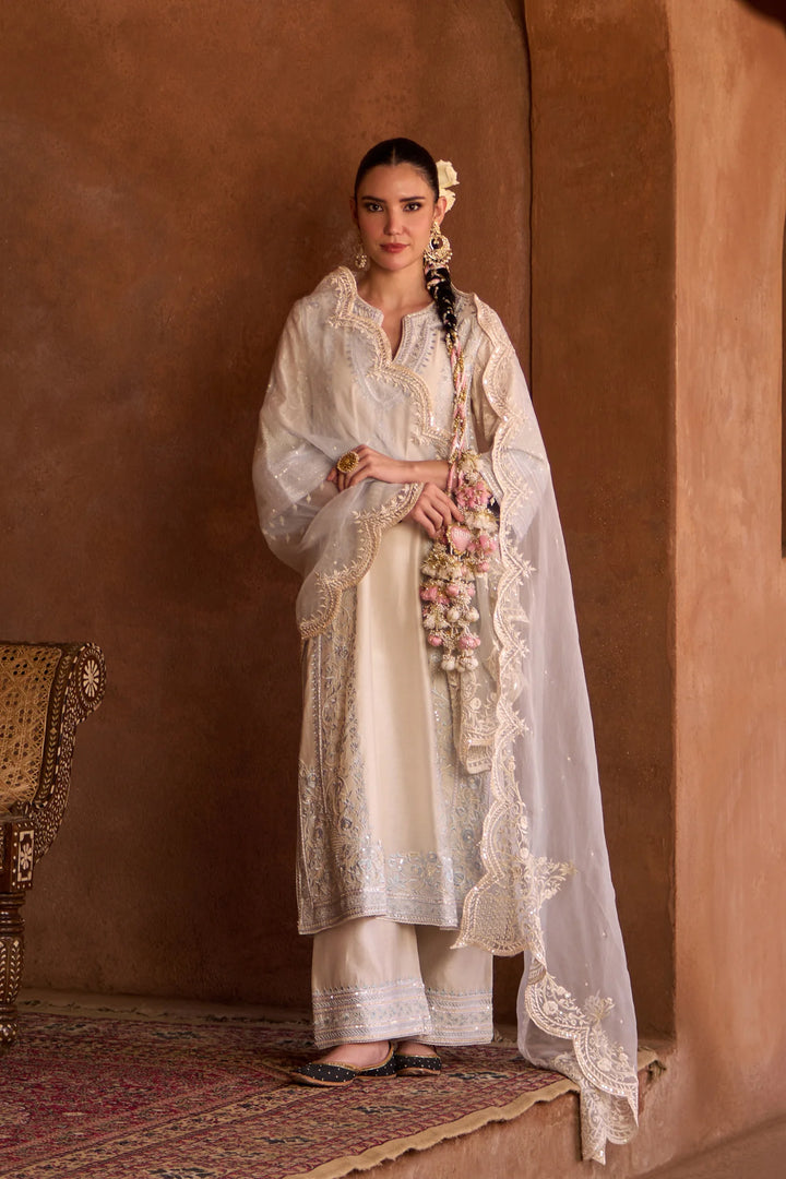 Nurvi - Daisy Ivory With Blue Long A-line Kurta With Palazzo And Dupatta
