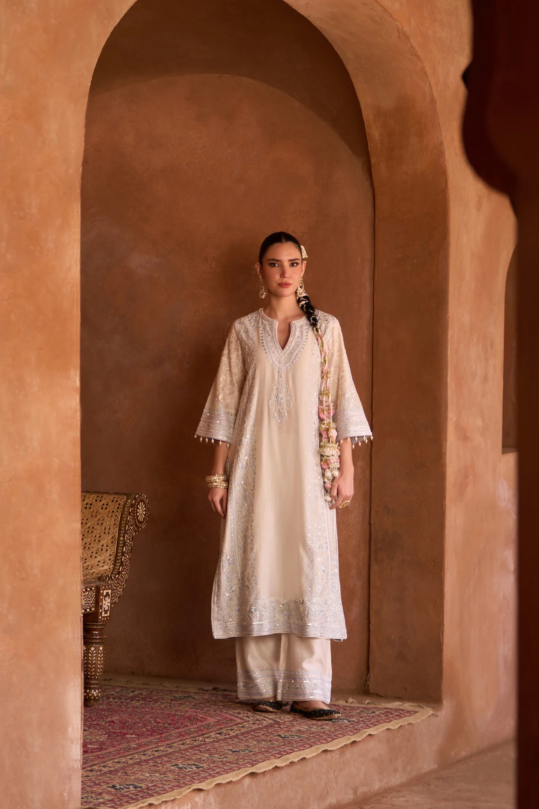 Nurvi - Daisy Ivory With Blue Long A-line Kurta With Palazzo And Dupatta