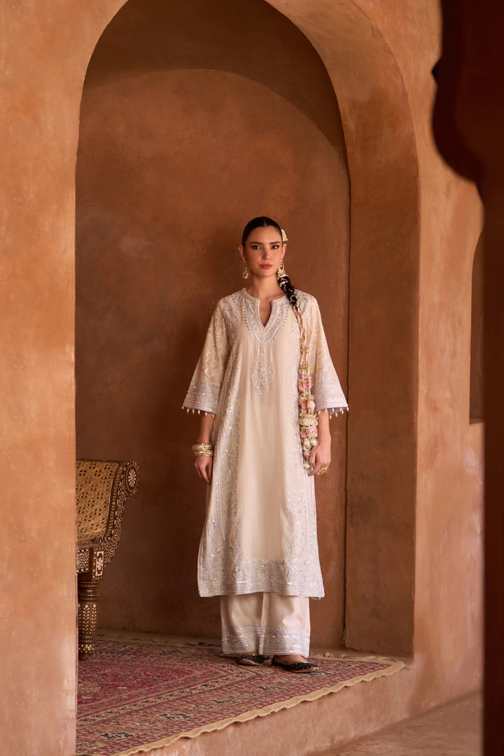Nurvi - Daisy Ivory With Blue Long A-line Kurta With Palazzo And Dupatta