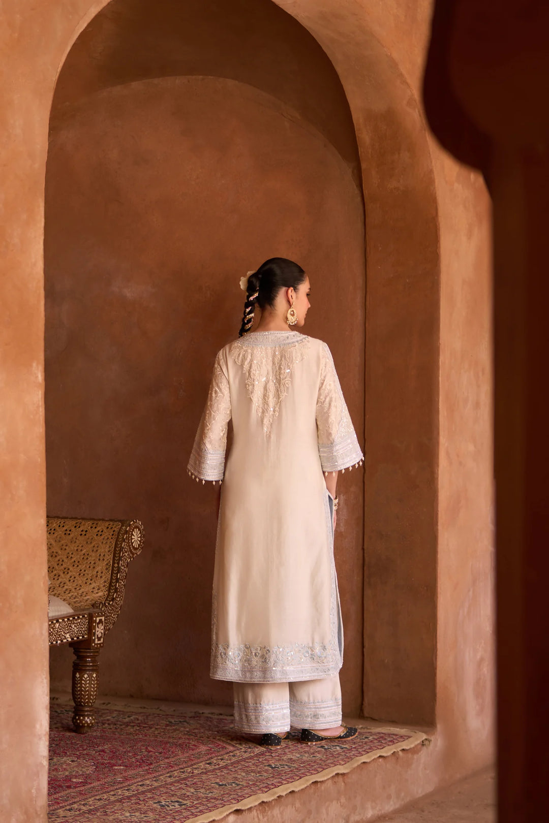 Nurvi - Daisy Ivory With Blue Long A-line Kurta With Palazzo And Dupatta