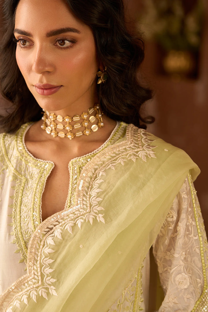 Nurvi - Daisy Ivory With Mint Green Long A-line Kurta With Palazzo And Dupatta