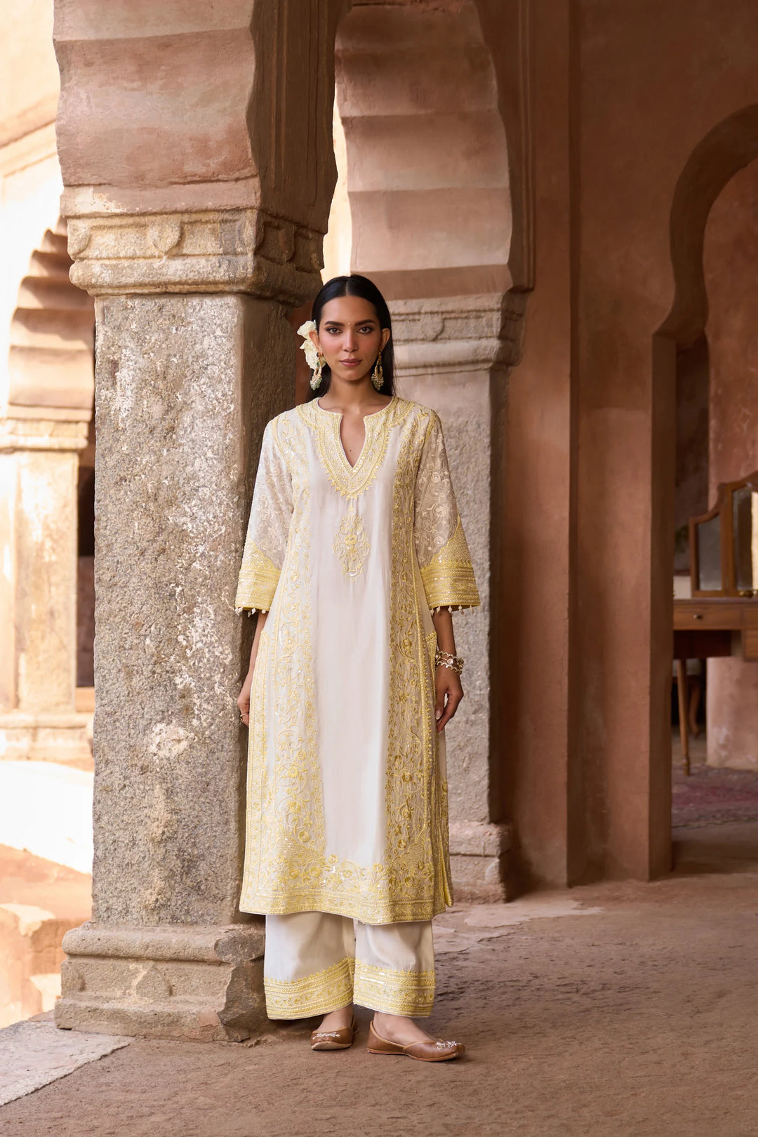 Nurvi - Daisy Ivory With Lemon Yellow Long A-line Kurta With Palazzo And Dupatta