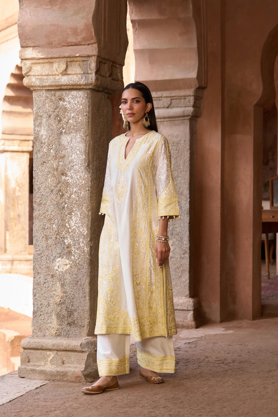 Nurvi - Daisy Ivory With Lemon Yellow Long A-line Kurta With Palazzo And Dupatta