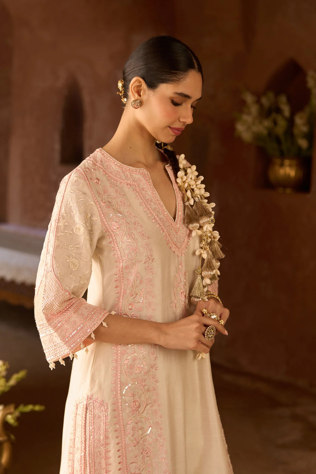 Nurvi - Daisy Ivory With Pink Long A-line Kurta With Palazzo And Dupatta