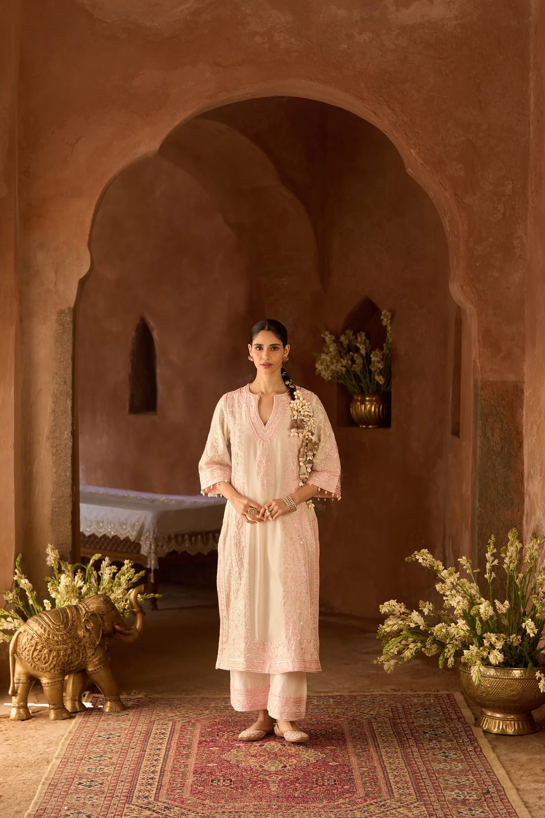 Nurvi - Daisy Ivory With Pink Long A-line Kurta With Palazzo And Dupatta
