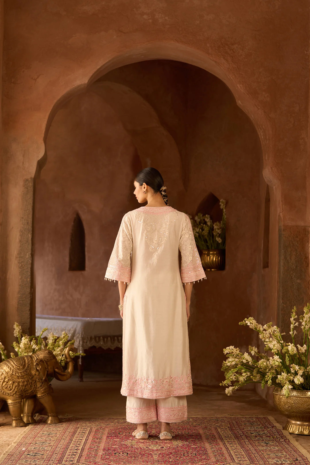 Nurvi - Daisy Ivory With Pink Long A-line Kurta With Palazzo And Dupatta