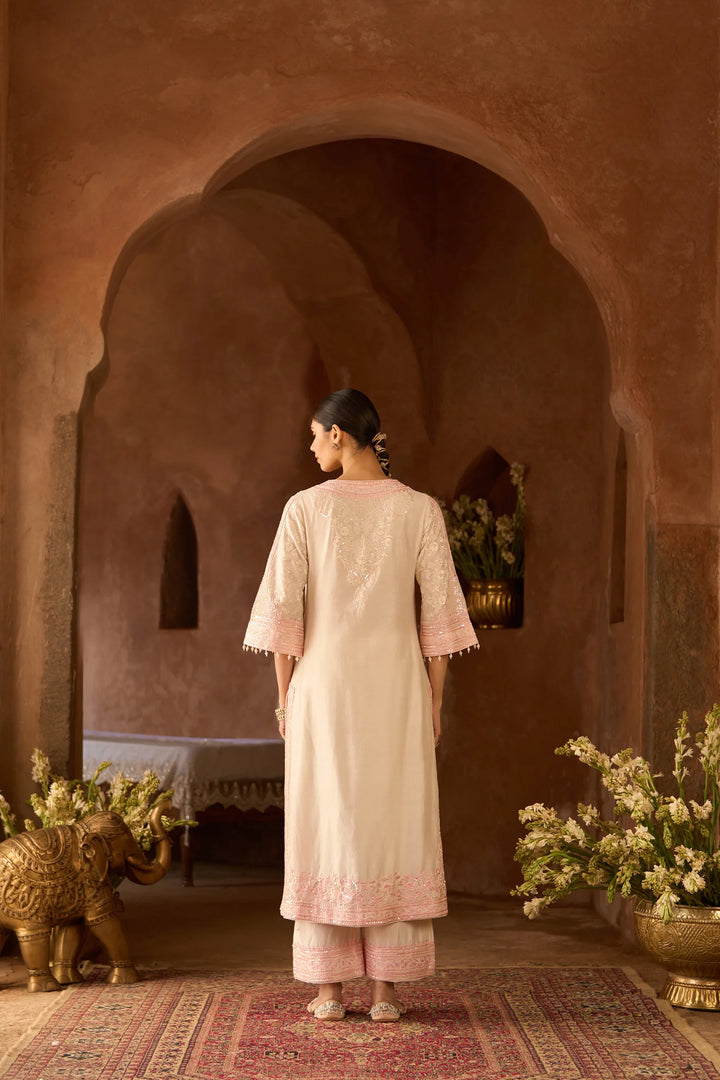 Nurvi - Daisy Ivory With Pink Long A-line Kurta With Palazzo And Dupatta