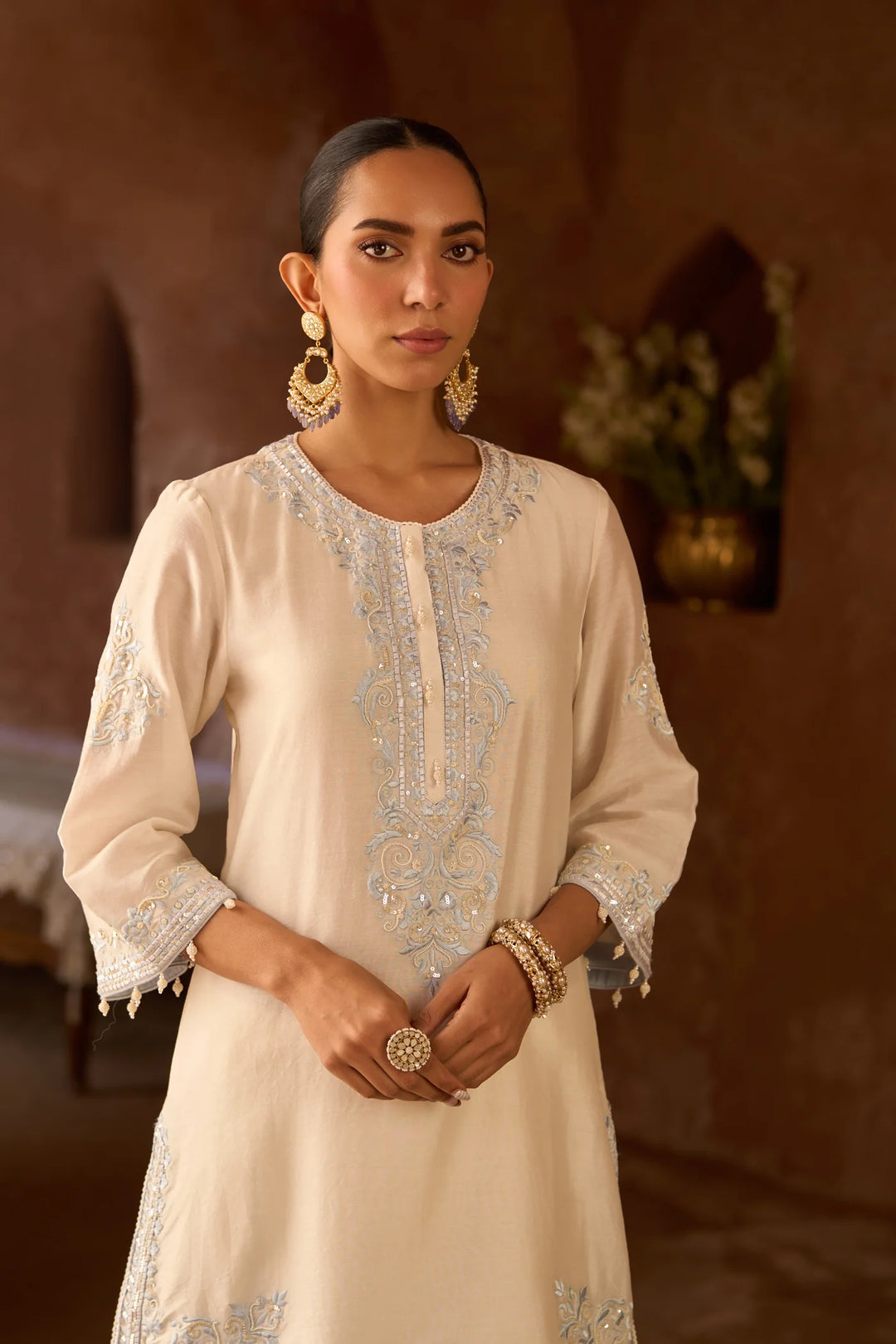 Nyra - Daisy Ivory With Blue Short Kurta And Dhoti
