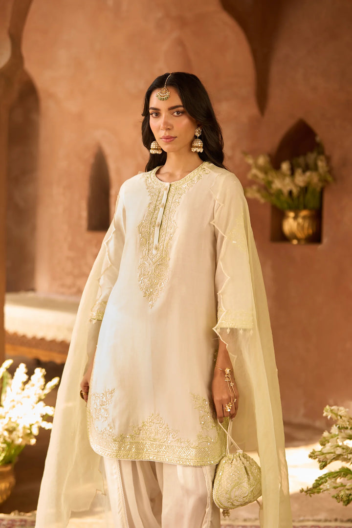 Nyra - Daisy Ivory With Mint Green Short Kurta And Dhoti