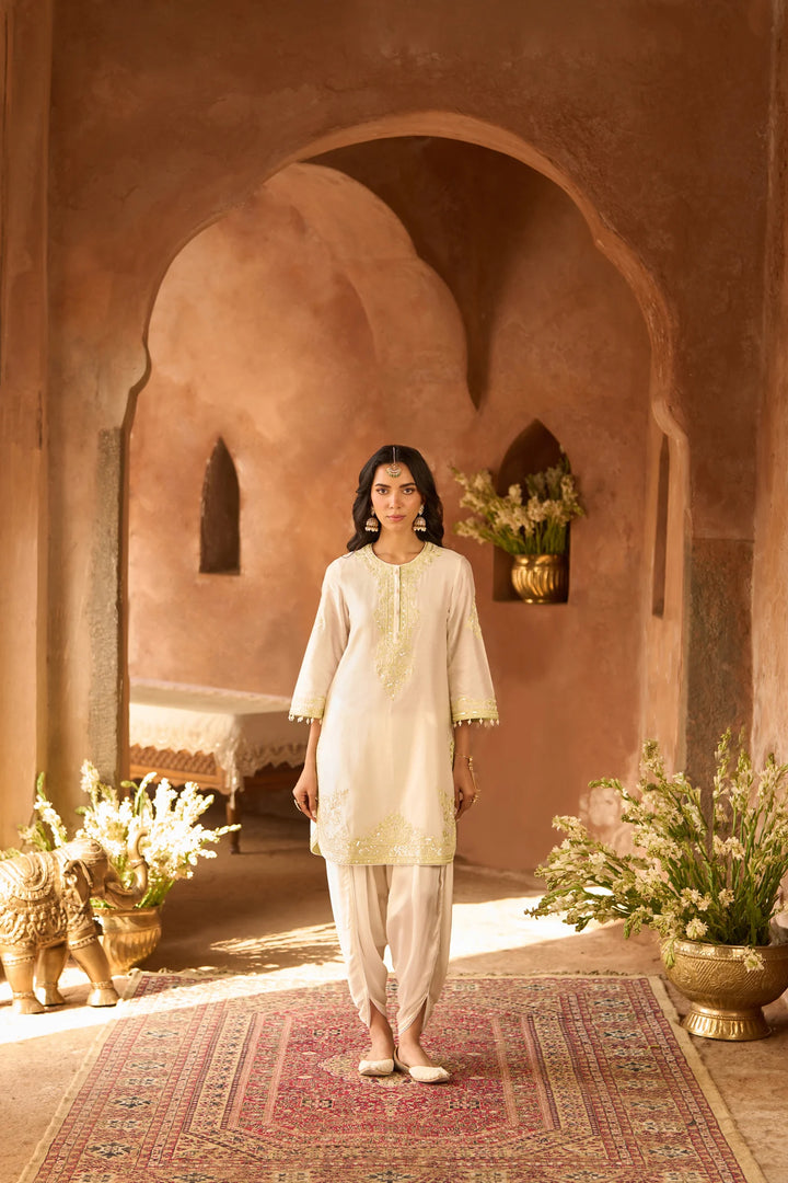 Nyra - Daisy Ivory With Mint Green Short Kurta And Dhoti