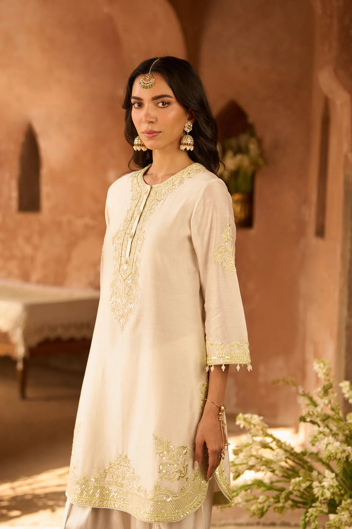 Nyra - Daisy Ivory With Mint Green Short Kurta And Dhoti