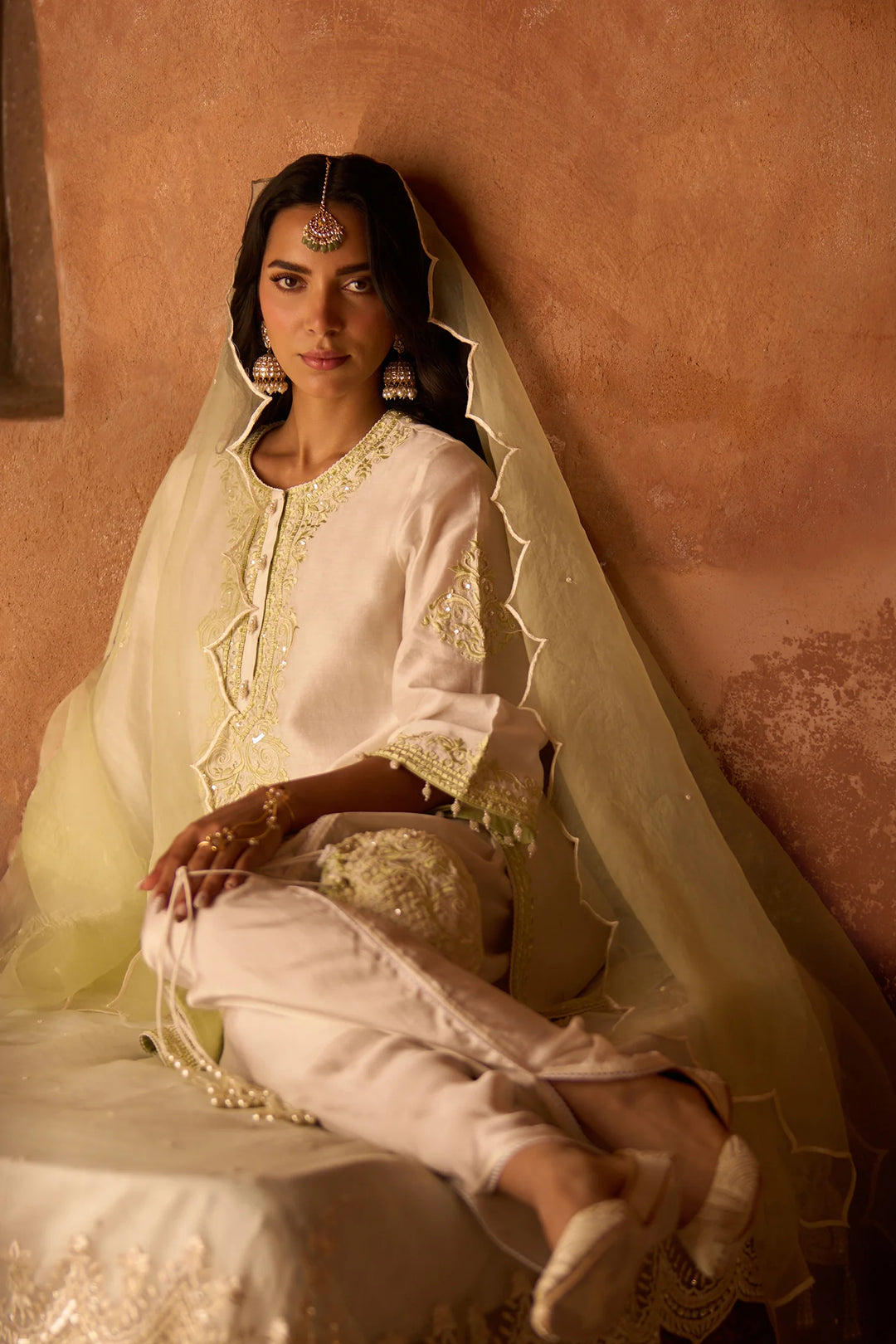 Nyra - Daisy Ivory With Mint Green Short Kurta And Dhoti