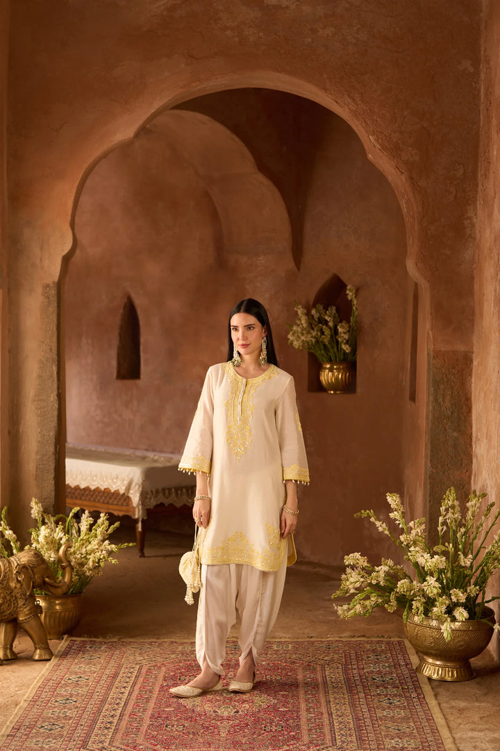 Nyra - Daisy Ivory With Lemon Yellow Short Kurta And Dhoti