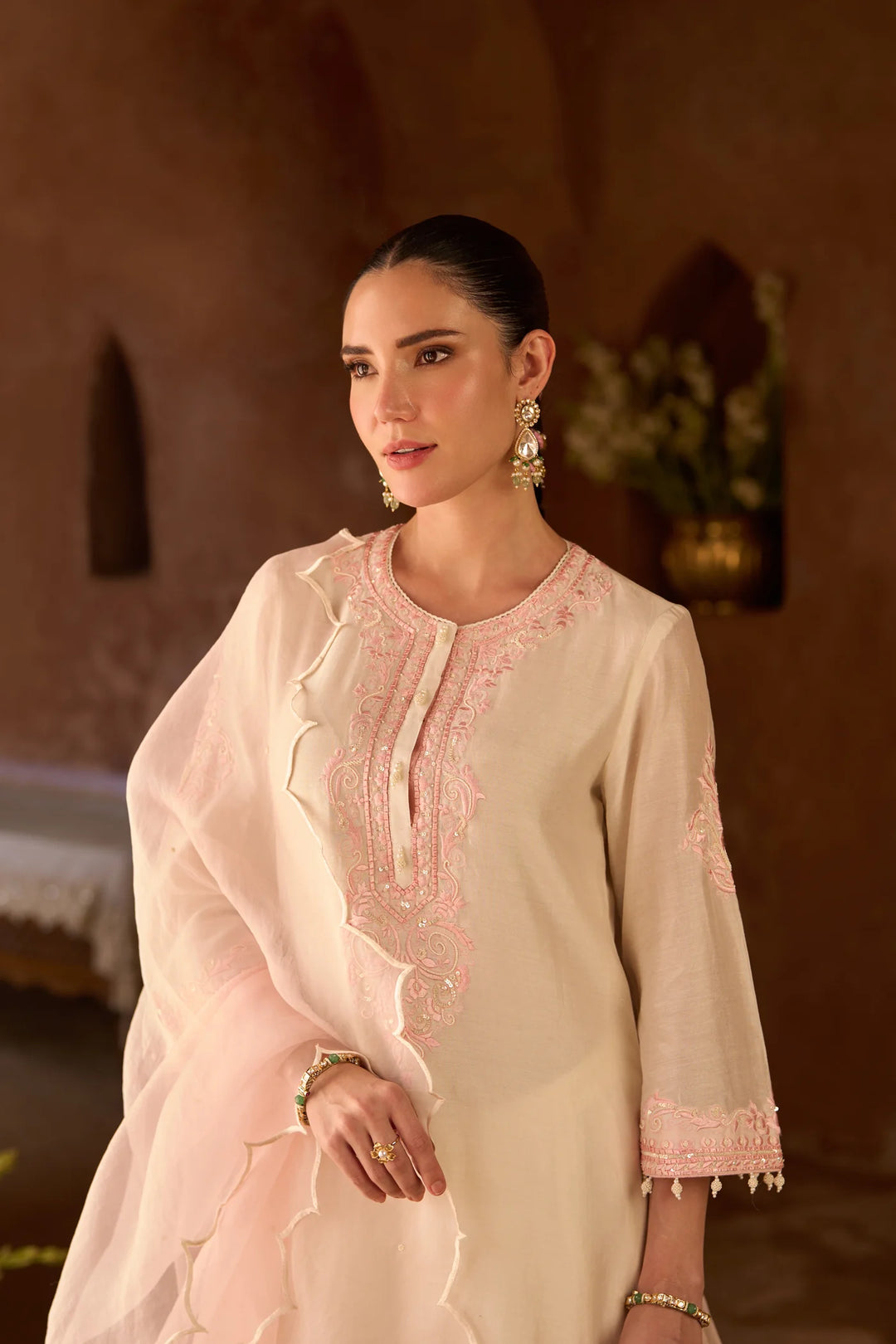 Nyra - Daisy Ivory With Pink Short Kurta And Dhoti