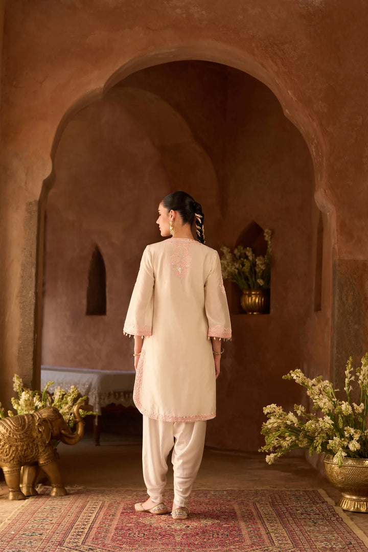 Nyra - Daisy Ivory With Pink Short Kurta And Dhoti