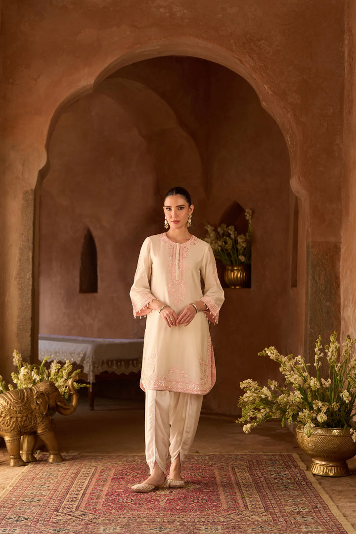 Nyra - Daisy Ivory With Pink Short Kurta And Dhoti