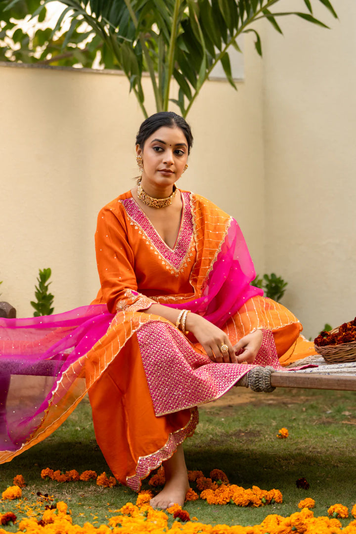 Orange Aari sequinns straight suit