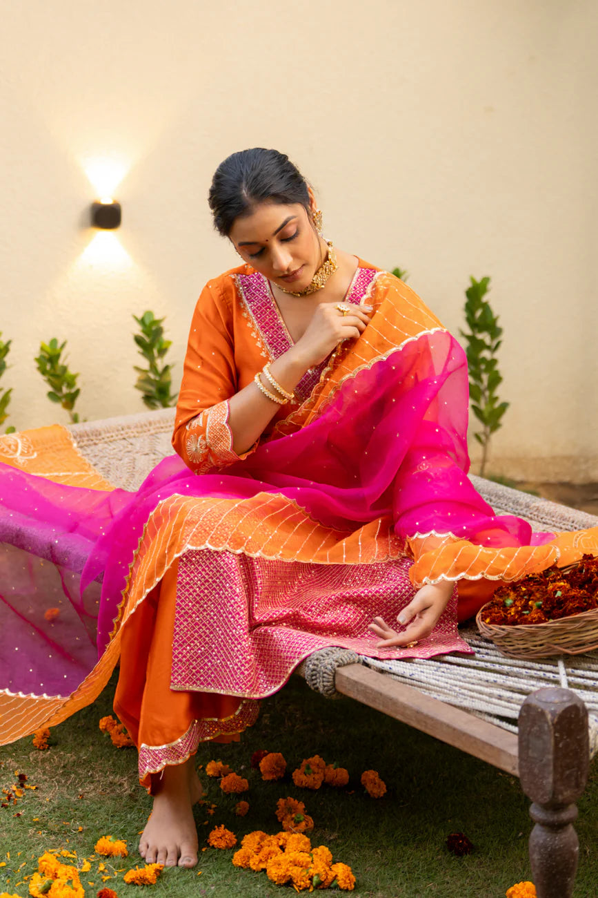 Orange Aari sequinns straight suit