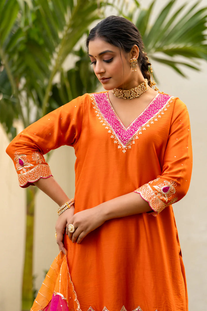 Orange Aari sequinns straight suit