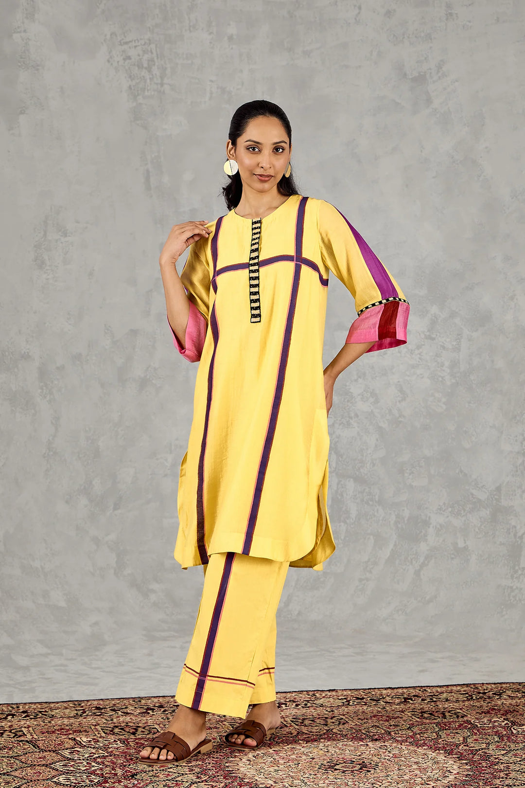 Olive Yellow Three Colour Stripe Tunic Set