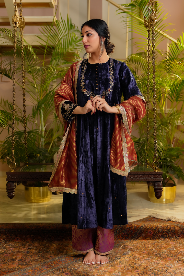 royal blue velvet hand embroidered gul kurta set